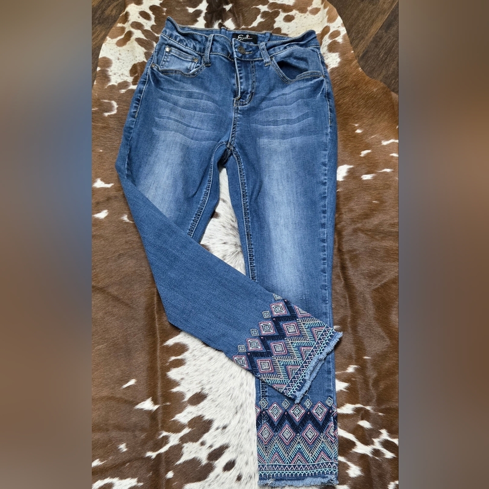 Earl Jeans Indigo Flare with Patterned Hem